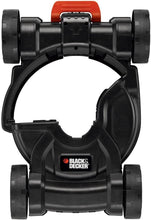 BLACK+DECKER 3-in-1 strimmer deck, front view with four wheels and orange top cover