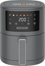 Digital air fryer with handle and glowing LED temperature display showing 200°C