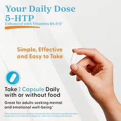Hand holding 5-HTP capsule, daily dose direction