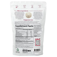 Creatine monohydrate supplement pouch, back label with supplement facts, microingredients