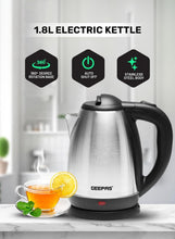 Electric tea kettle, stainless steel body with black handle and base, 1.8 L capacity