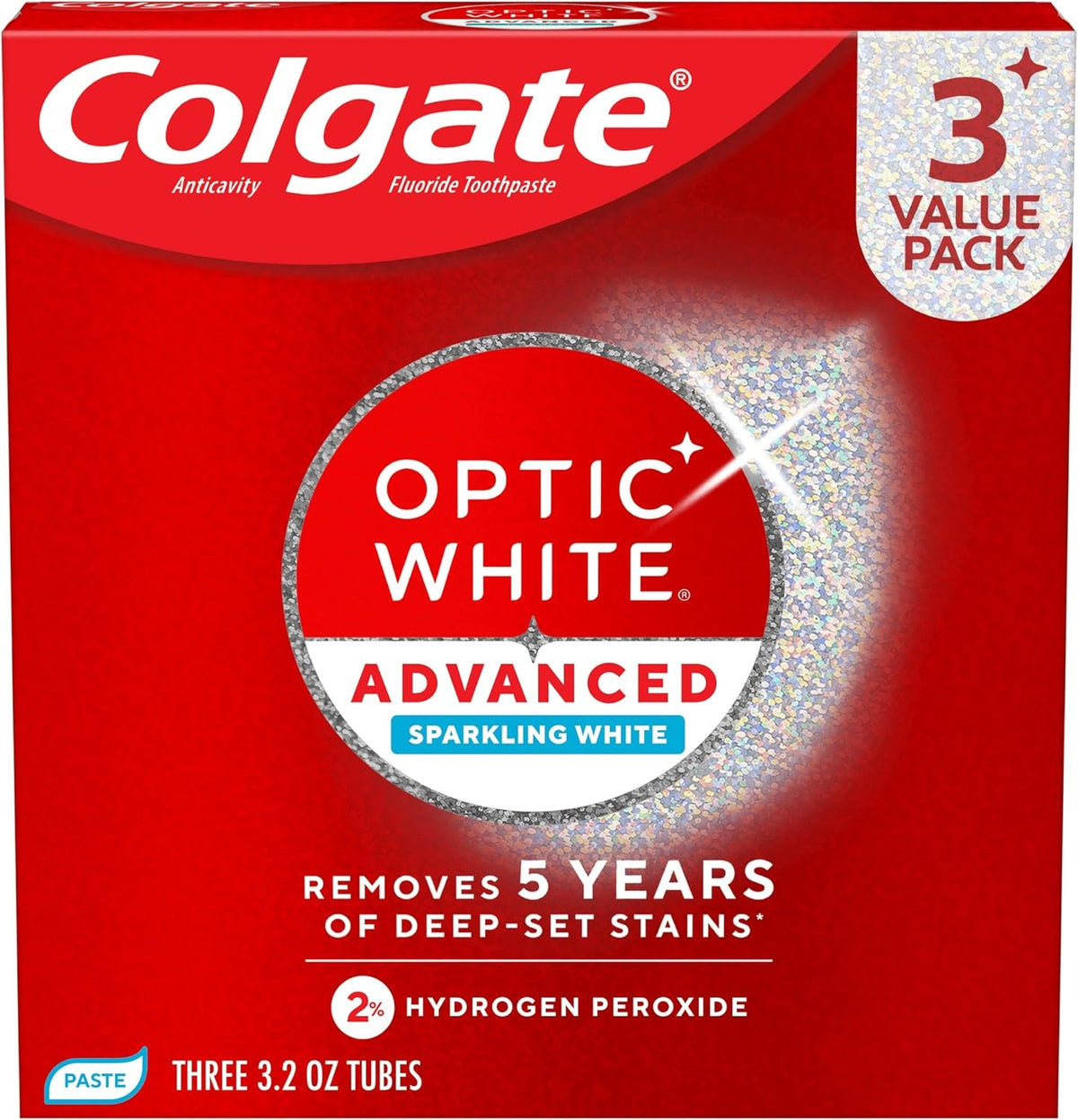 Colgate Optic White Advanced Hydrogen Peroxide Toothpaste, Teeth Whitening Toothpaste Pack, Enamel-Safe Formula, Helps Remove Tea, Coffee, and Wine Stains, Sparkling White, 3 Pack, 3.2 oz