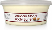 African shea body butter tub with white refined label and flip-top lid
