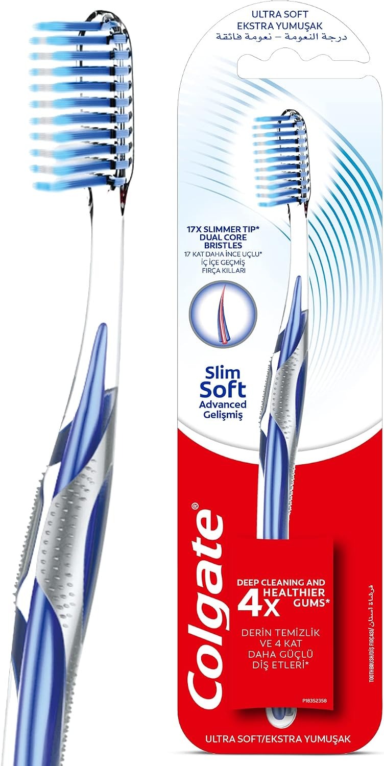 Colgate slim soft toothbrush with ultra-soft blue bristles and slim handle, packaged single