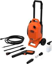Black+Decker electric pressure washer with orange body, hose, spray gun, and nozzles