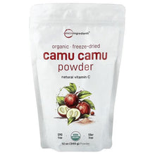 Organic freeze-dried camu camu powder in white resealable pouch, front label