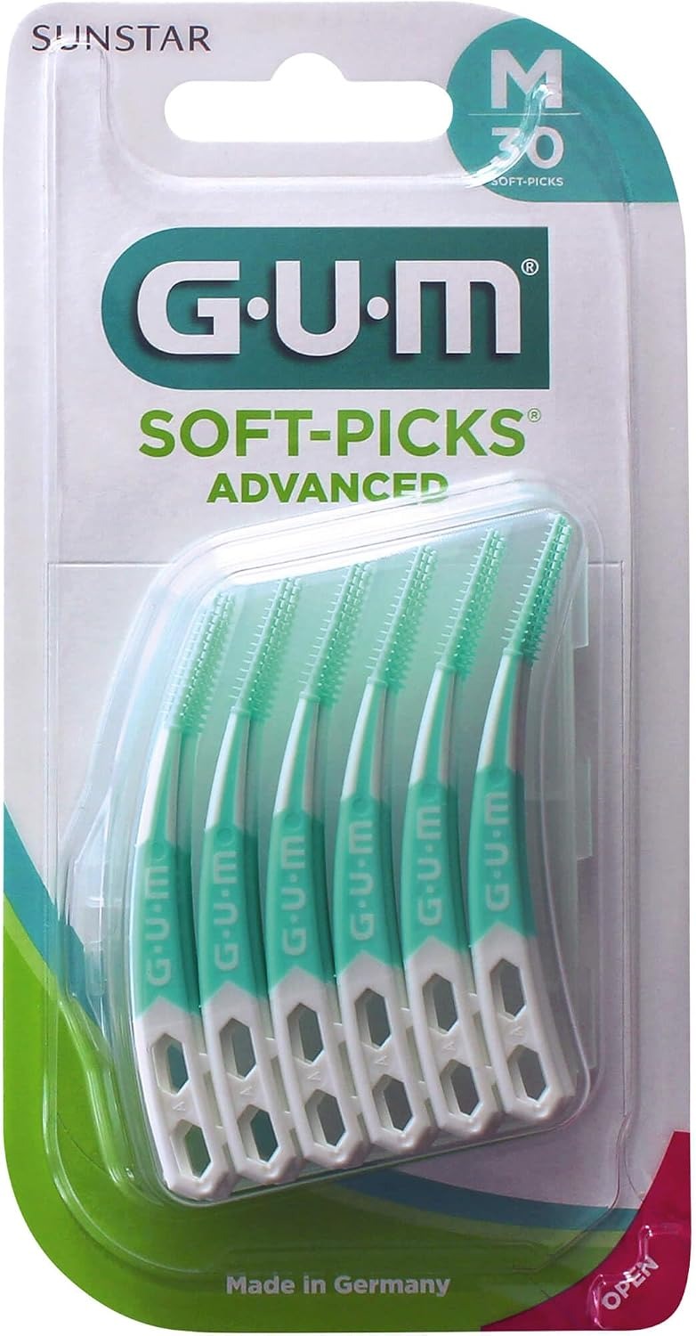Gum Soft Picks Advanced - Flexible and rubber bristles- With Flouride Safely Removes Plaque & Food Particles Stimulates Gums Fights Gingivitis Convenient Travel Case 30pcs