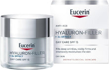 Eucerin Hyaluron-Filler SPF 15 day cream jar with silver lid and box