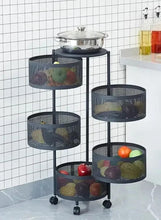 Rotating multilayer storage rack with black mesh tiers and caster wheels