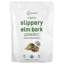 Organic slippery elm bark powder pouch, white with green label text