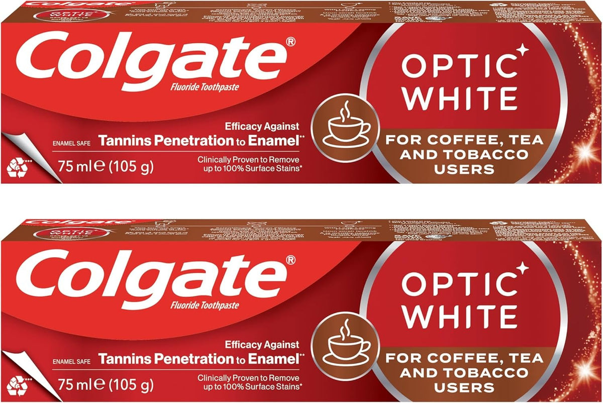 Colgate Toothpaste Optic White, Stain Removal Whitening Toothpaste for Coffee Tea and Tobacco Users, 2x75ml, 2 Pack