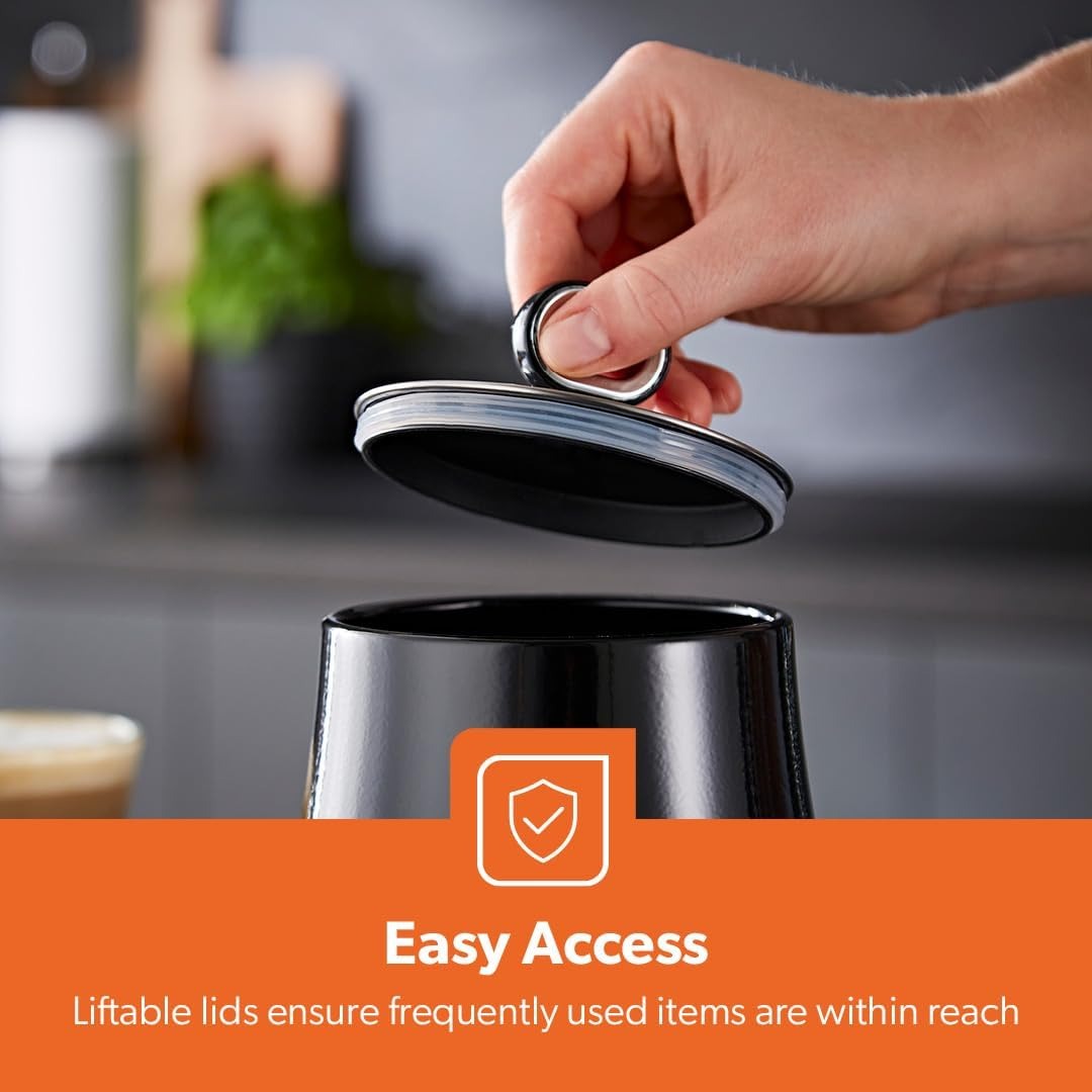 Black airtight canister with lift lid and silicone seal, opened by hand, GEEPAS