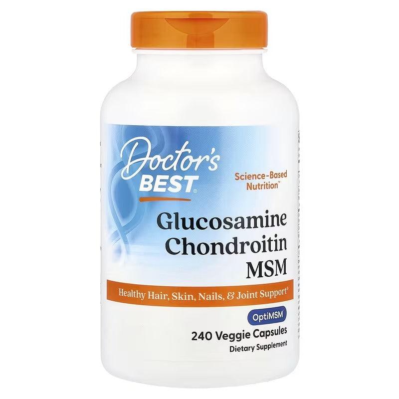 Glucosamine chondroitin MSM supplement bottle with orange cap, 240 veggie capsules