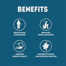 Capsule benefits panel showing regulates bowel movements and digestive health icons.