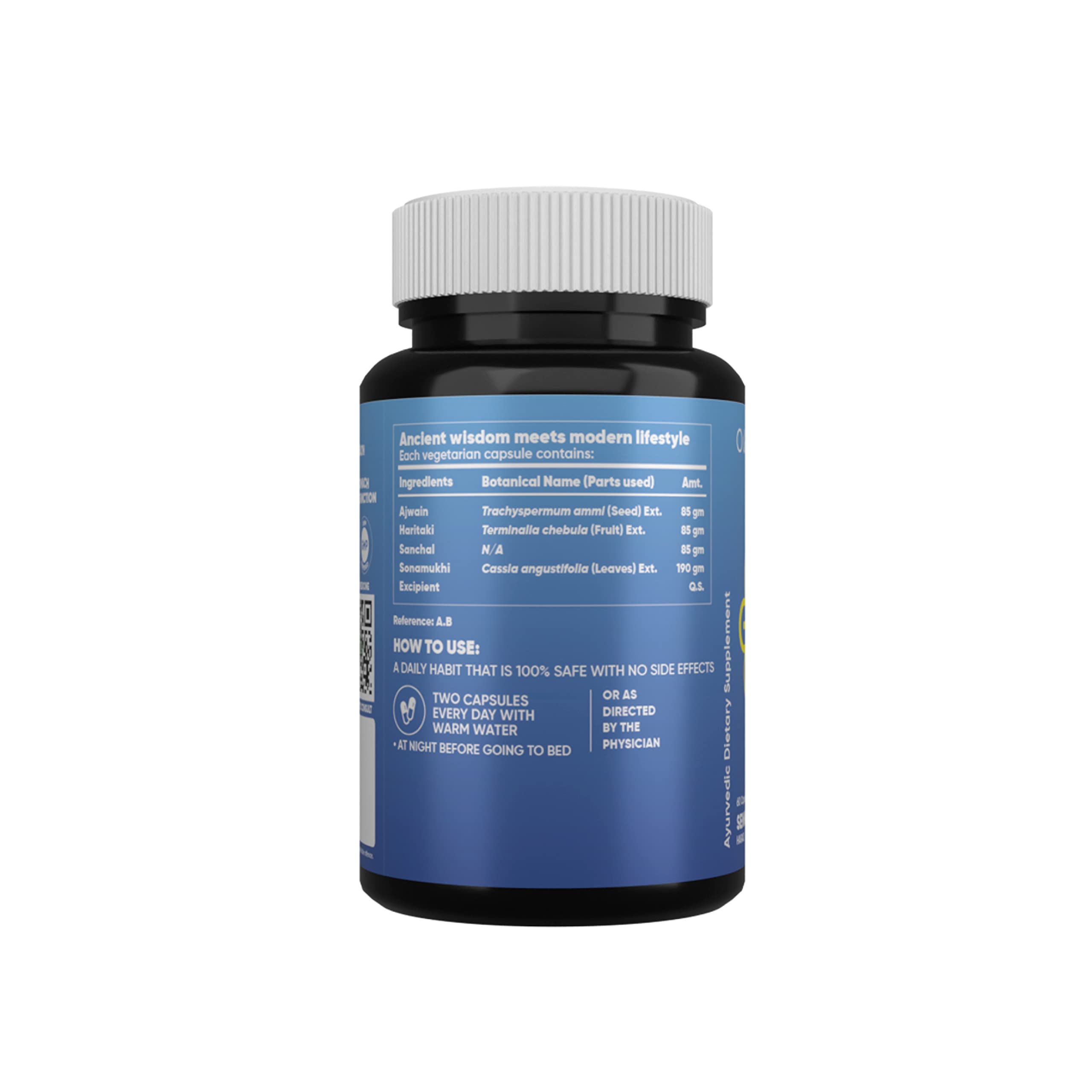 AADAR dark plastic bottle with white cap showing back label and directions for Ayurvedic constipation relief capsules