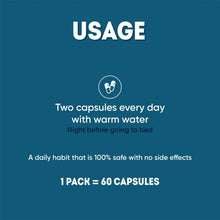 Capsule usage instructions panel: two capsules daily with warm water before bed.
