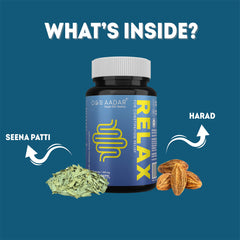 AADAR RELAX bottle with Seena Patti leaves and Harad fruit under Whats Inside banner Ayurvedic constipation relief capsules