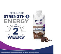 Ensure Max Protein shake milk chocolate carton with chocolate pieces and text feel more strength and energy in 2 weeks