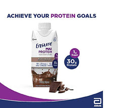 Ensure Max Protein shake milk chocolate carton with chocolate pieces and 30g protein badge