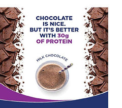 Ensure Max Protein shake milk chocolate cup with striped straw chocolate pieces and 30g protein claim