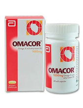 Omacor 1000mg omega-3 softgel capsules, bottle and box with red label