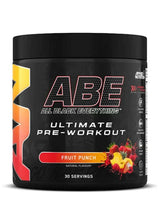 Pre-workout tub, black with ABE logo and Fruit Punch flavor label