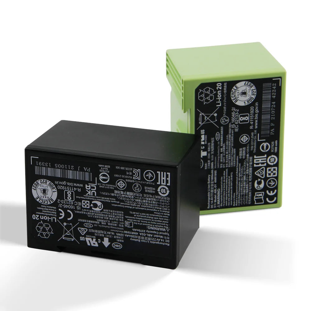 Mumzar iRobot Roomba replacement battery twin pack black and green rectangular lithium ion cells