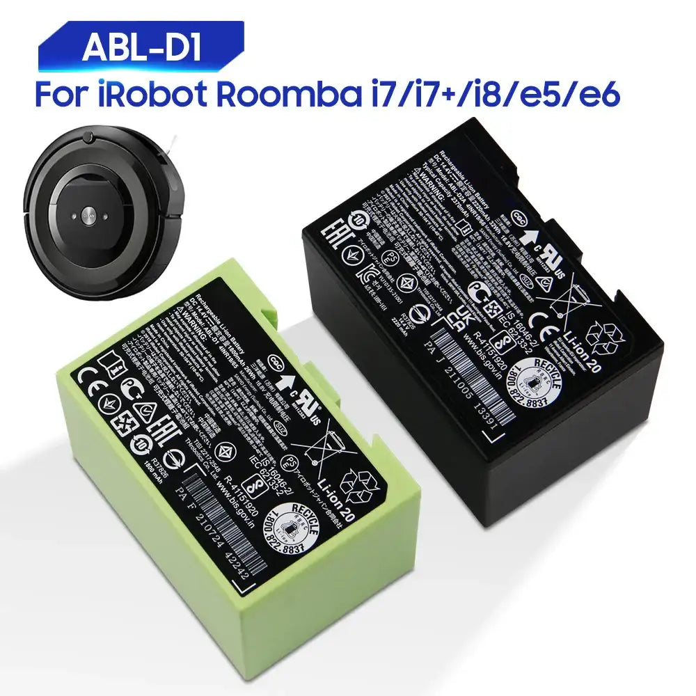 Mumzar iRobot Roomba replacement battery pack showing two lithium modules compatible with i7 i7 plus i8 e5 e6 models