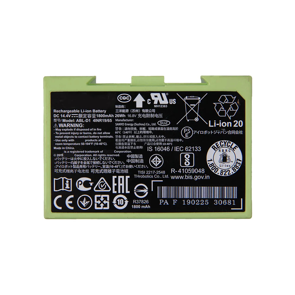 Mumzar iRobot Roomba replacement battery lithium rechargeable rectangular green casing black label with safety icons 1800mAh