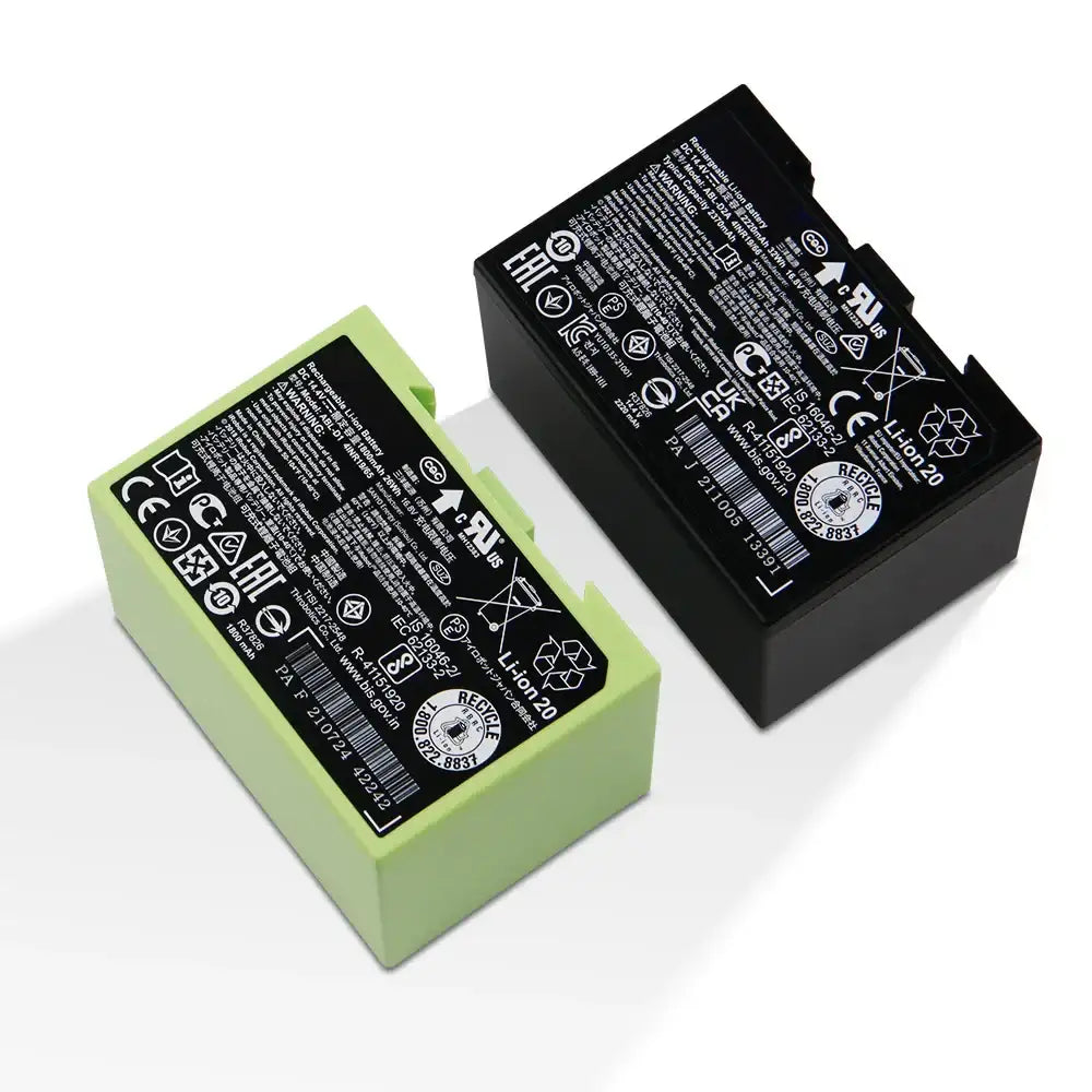 Mumzar iRobot Roomba replacement battery pair black and green lithium ion packs with label icons