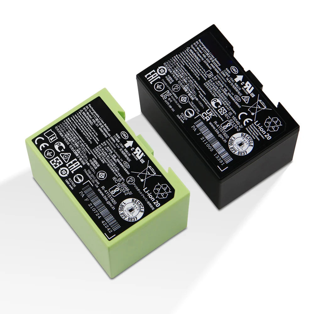 Mumzar iRobot Roomba replacement battery pair black and green lithium ion packs with label icons