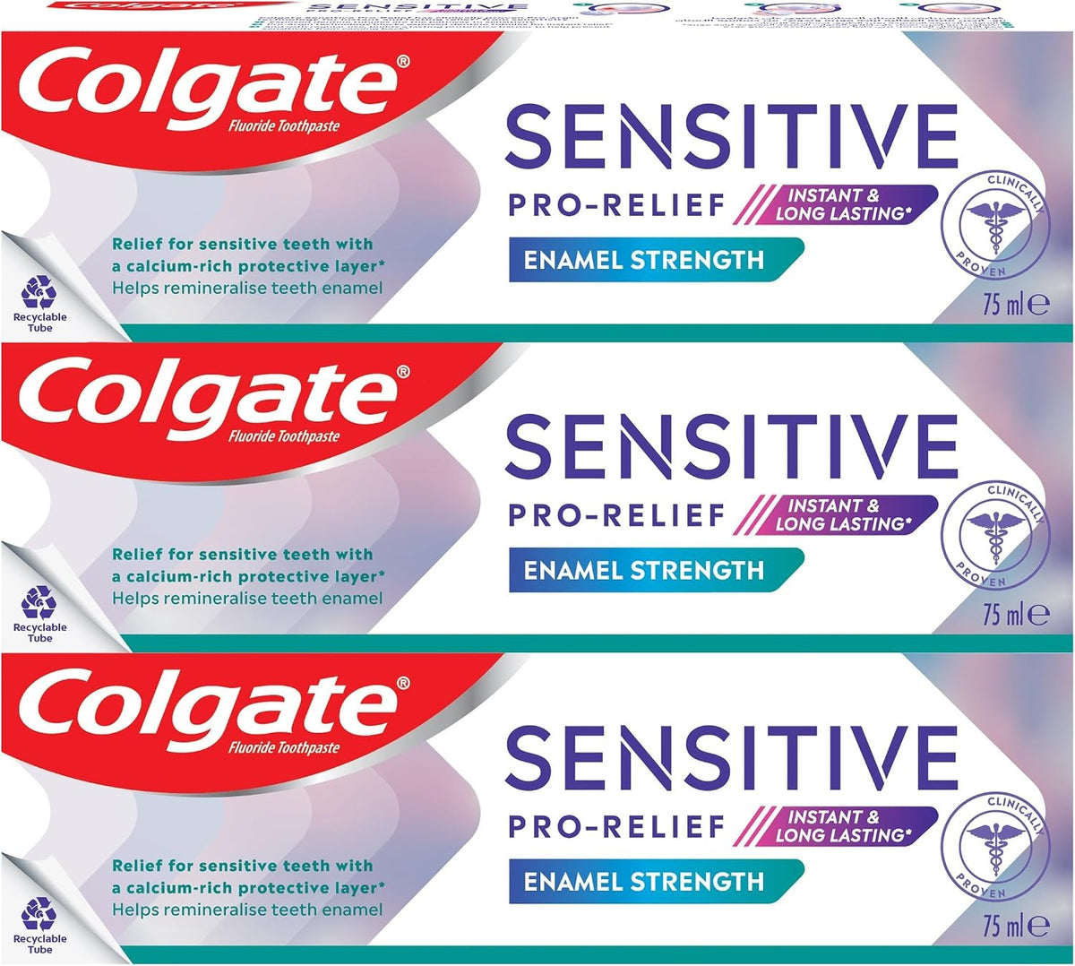 Colgate Toothpaste Sensitive Pro Relief, Enamel Strength Toothpaste, Instant & Lasting Sensitivity Pain Relief, 3x75ml, 3 Pack
