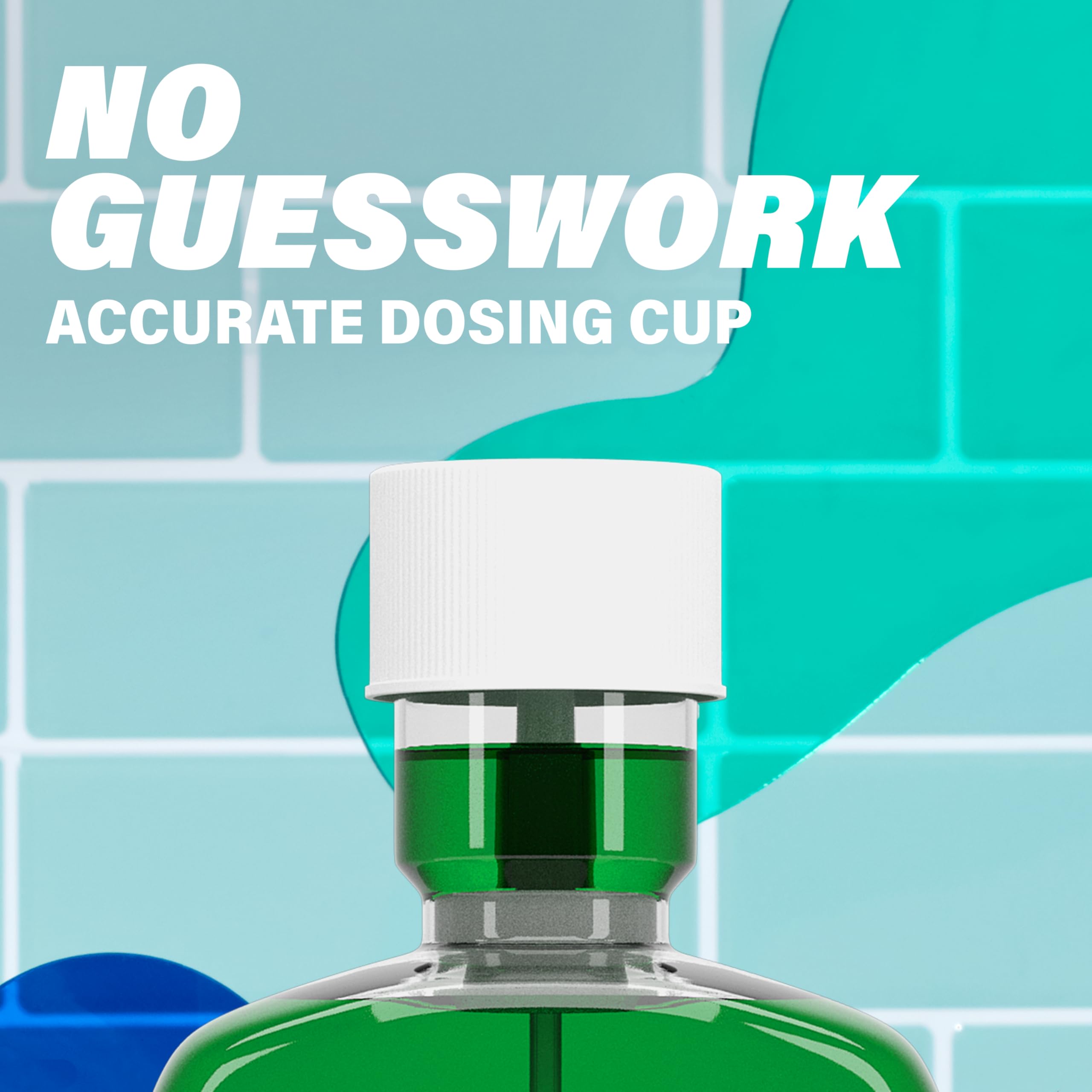 Close up bottle cap and dosing cup of green ACT Anticavity Fluoride Rinse against teal tile background