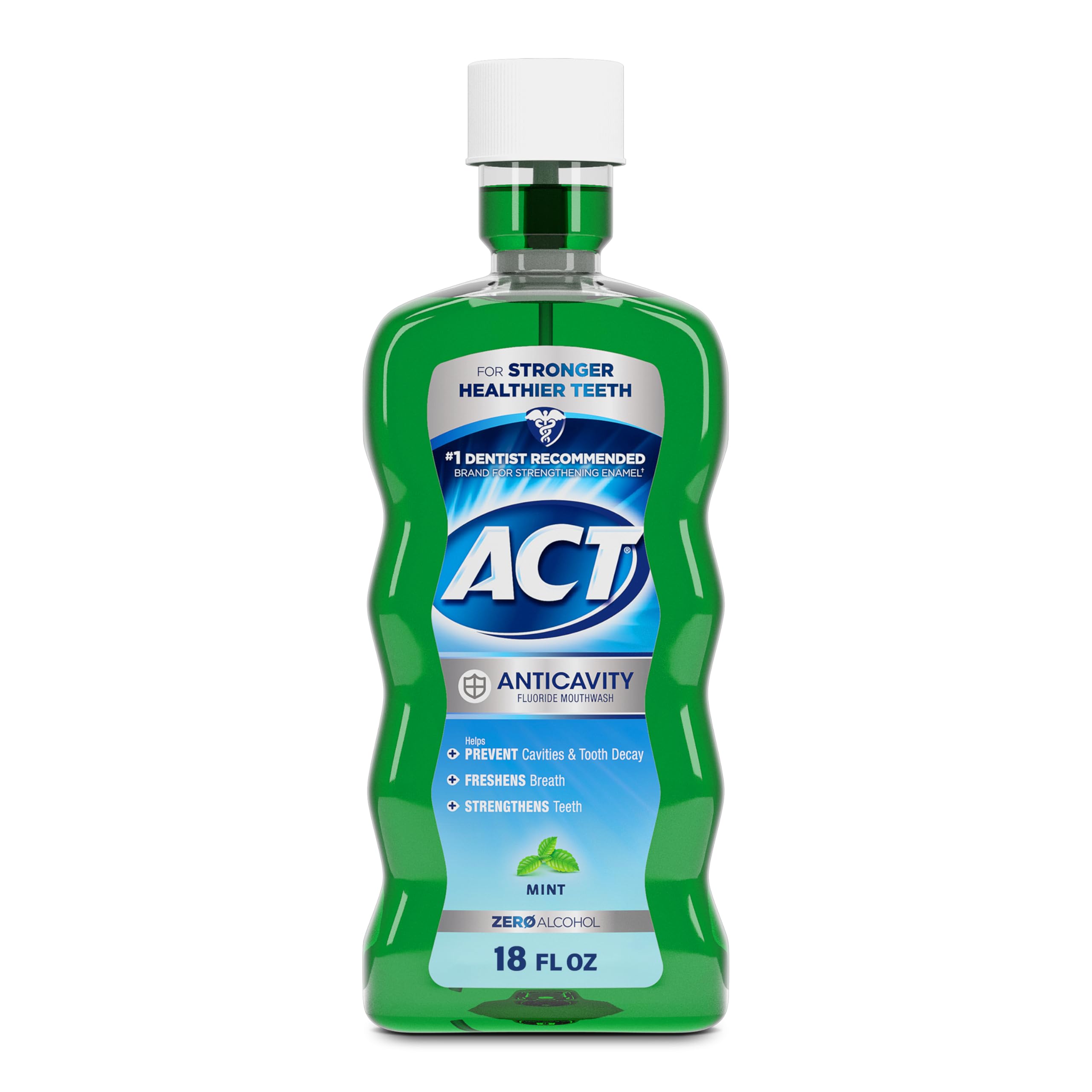 Green 18 fl oz bottle of ACT Anticavity Fluoride Rinse mint flavor zero alcohol mouthwash