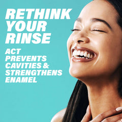 Smiling woman with bright teeth beside promotional text for ACT Anticavity Fluoride Rinse to prevent cavities and strengthen enamel