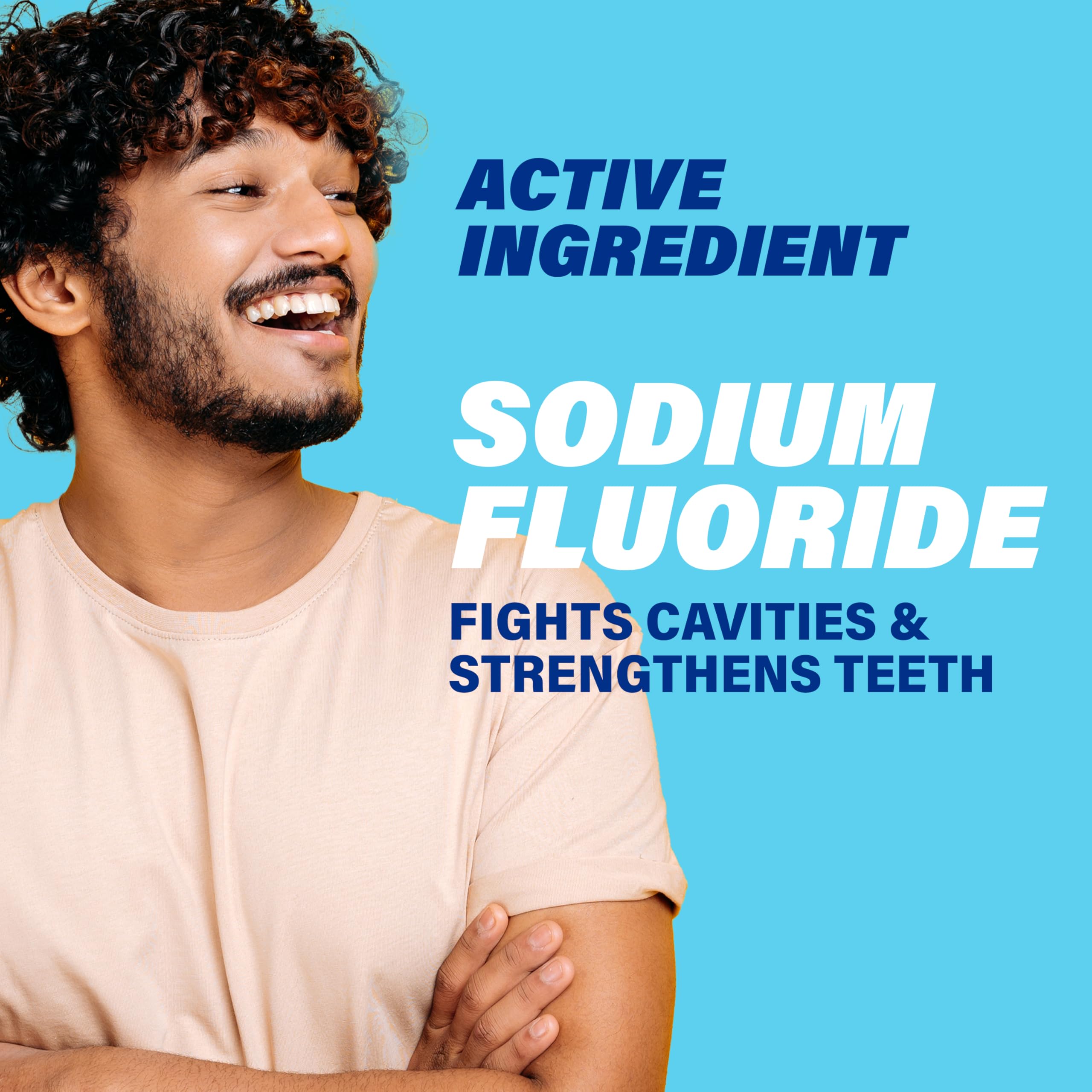 Smiling man with ACT Anticavity Fluoride Rinse message on blue background about sodium fluoride fighting cavities
