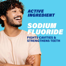 ACT anticavity fluoride rinse ad with man and sodium fluoride active ingredient text