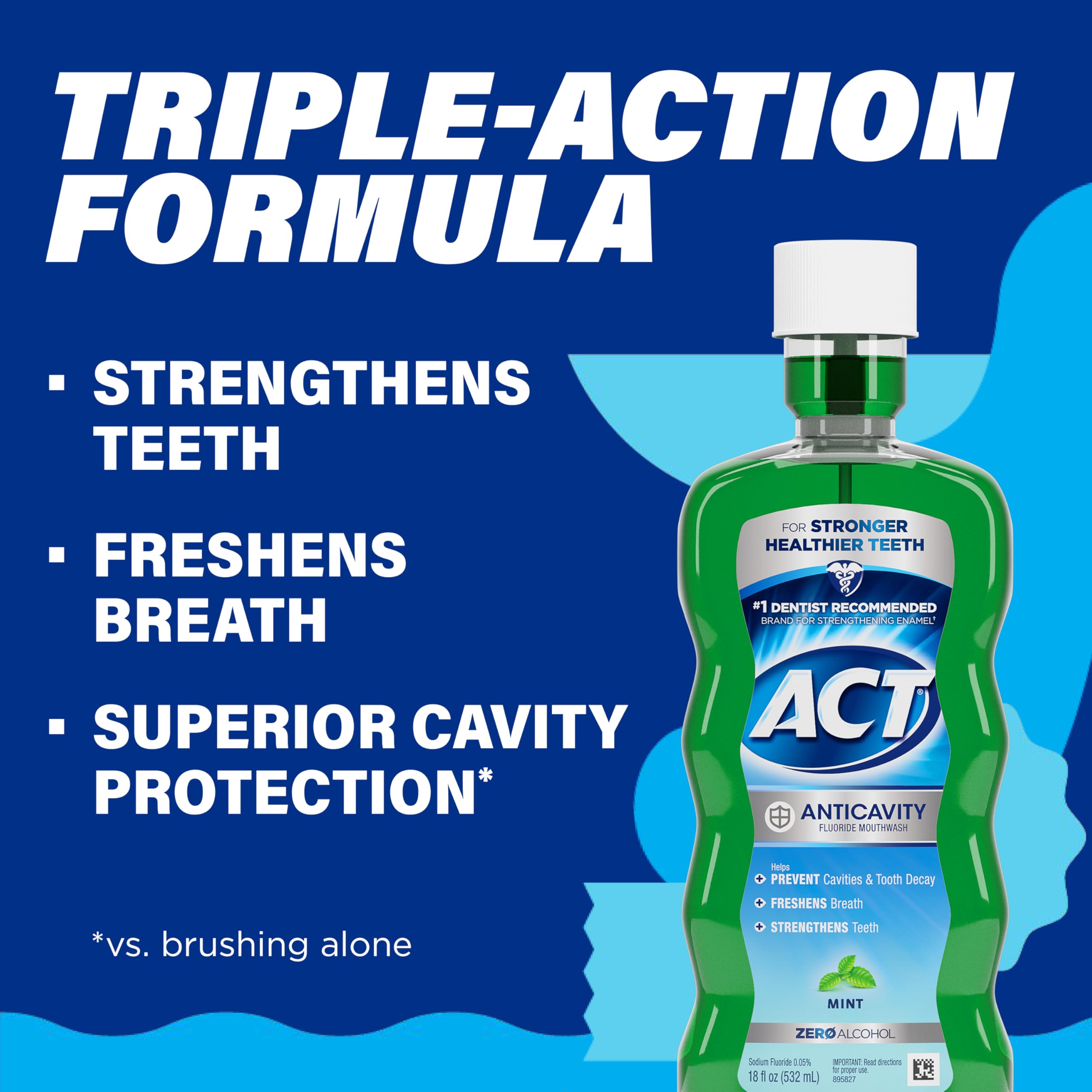 Bottle of ACT Anticavity Fluoride Rinse on blue background showing triple action benefits strengthens teeth freshens breath