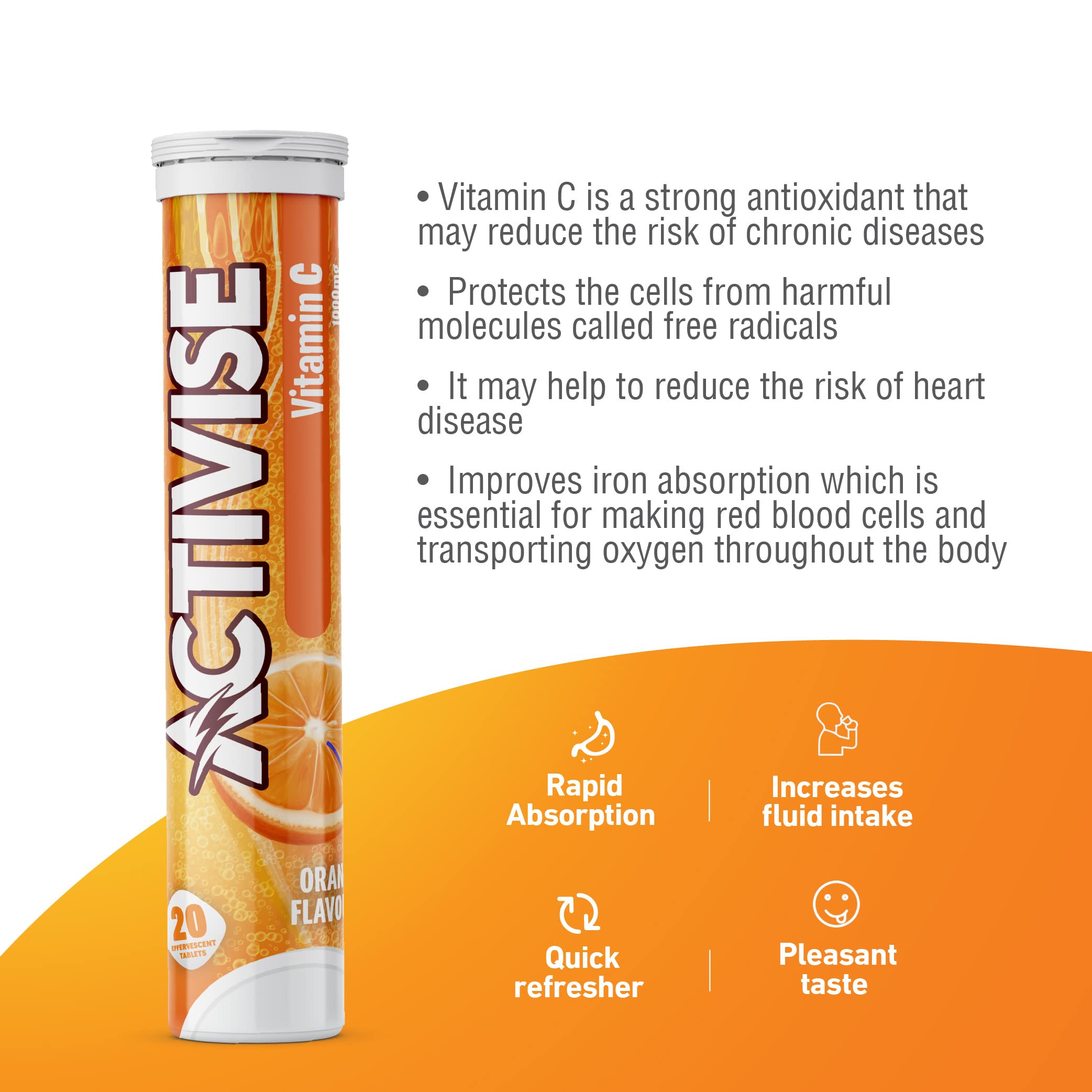 Activise orange flavor tube with 20 tablets and product benefits list Vitamin C 1000mg effervescent tablets