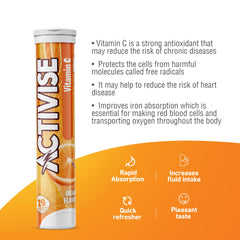 Activise orange flavor tube with 20 tablets and product benefits list Vitamin C 1000mg effervescent tablets
