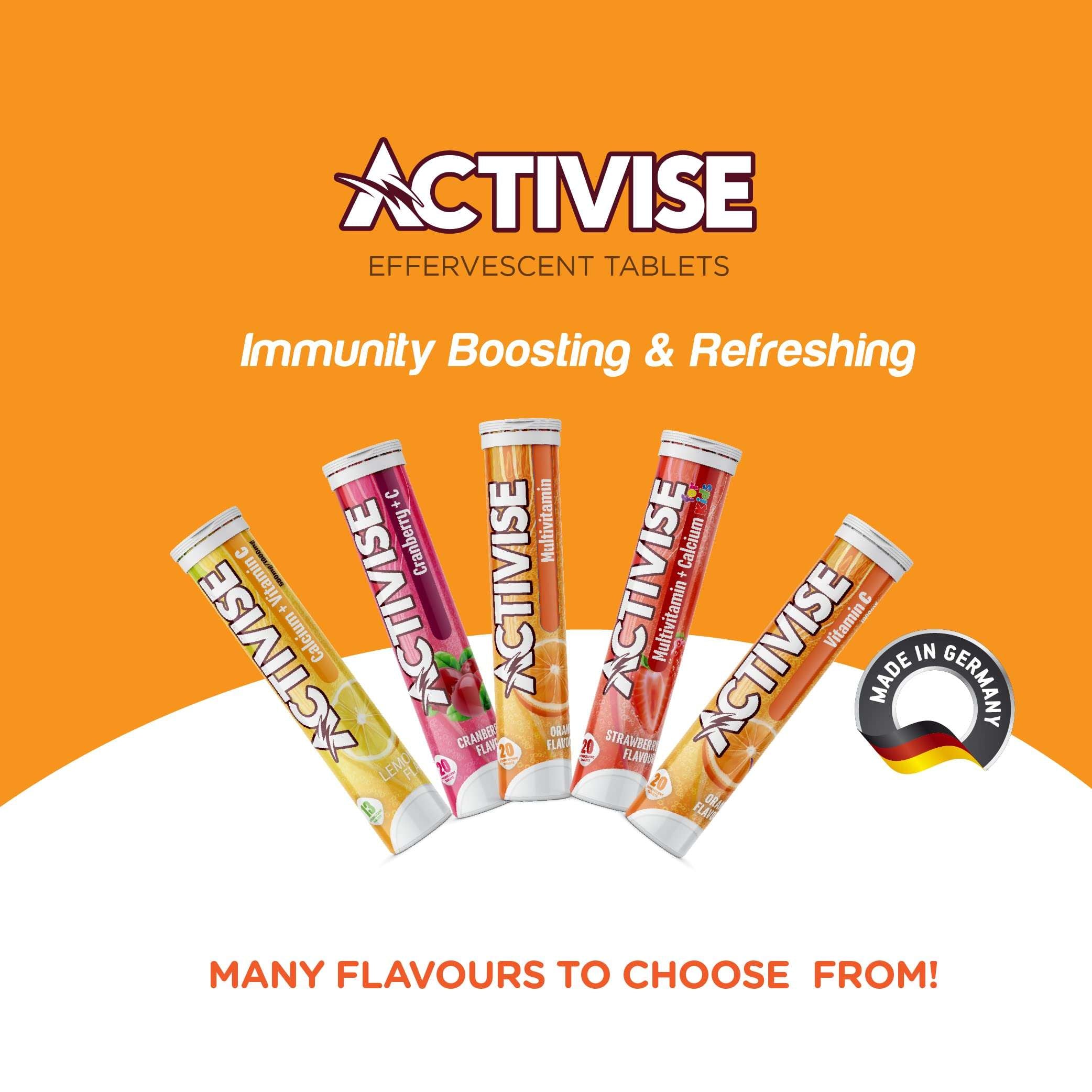 Activise Vitamin C 1000mg effervescent tablets assorted fruit flavors five tube pack immunity boosting made in Germany