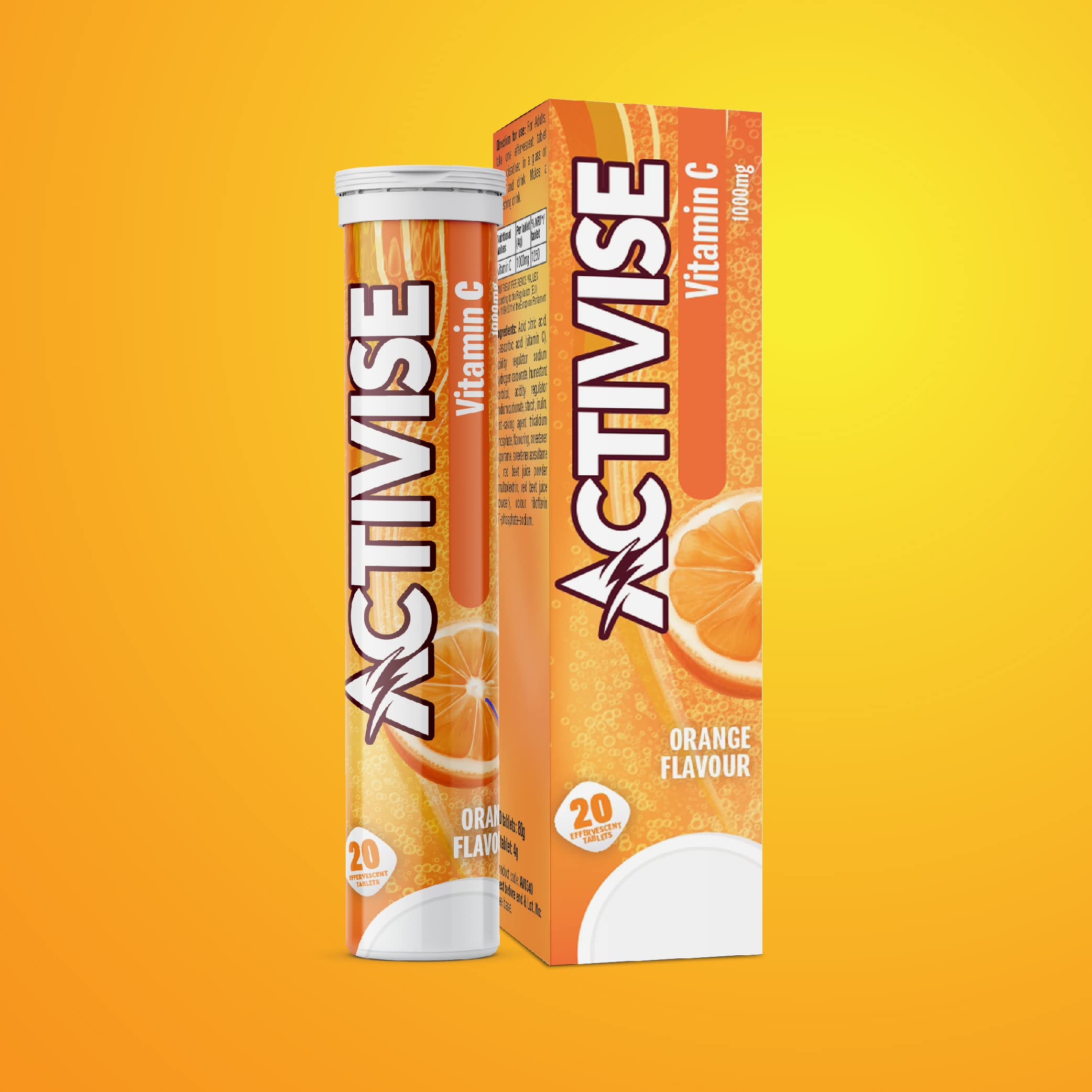 Activise orange flavour Vitamin C 1000mg effervescent tablets tube and box on yellow background