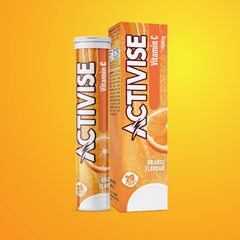 Activise orange flavour Vitamin C 1000mg effervescent tablets tube and box on yellow background