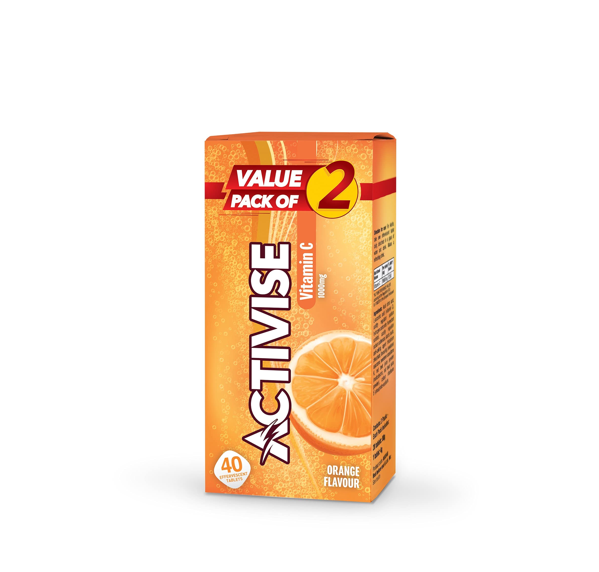 Activise orange flavor Vitamin C 1000mg effervescent tablets value pack of 2 box with orange slice