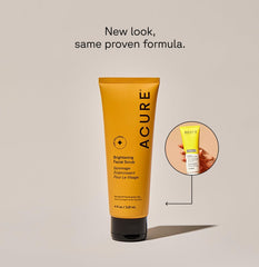 Acure brightening facial scrub in a new yellow tube packaging showing old and new design comparison