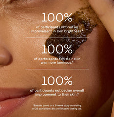 Close-up of woman with dark brown Acure brightening facial scrub applied on cheek showing skin improvement claims