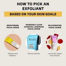 Exfoliant guide showing brightening facial scrub tube and radiance results icons.