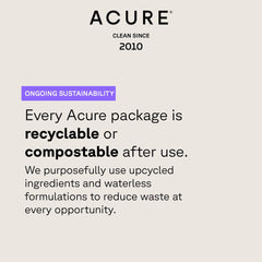Acure brightening facial scrub packaging highlighting recyclable and compostable sustainability efforts
