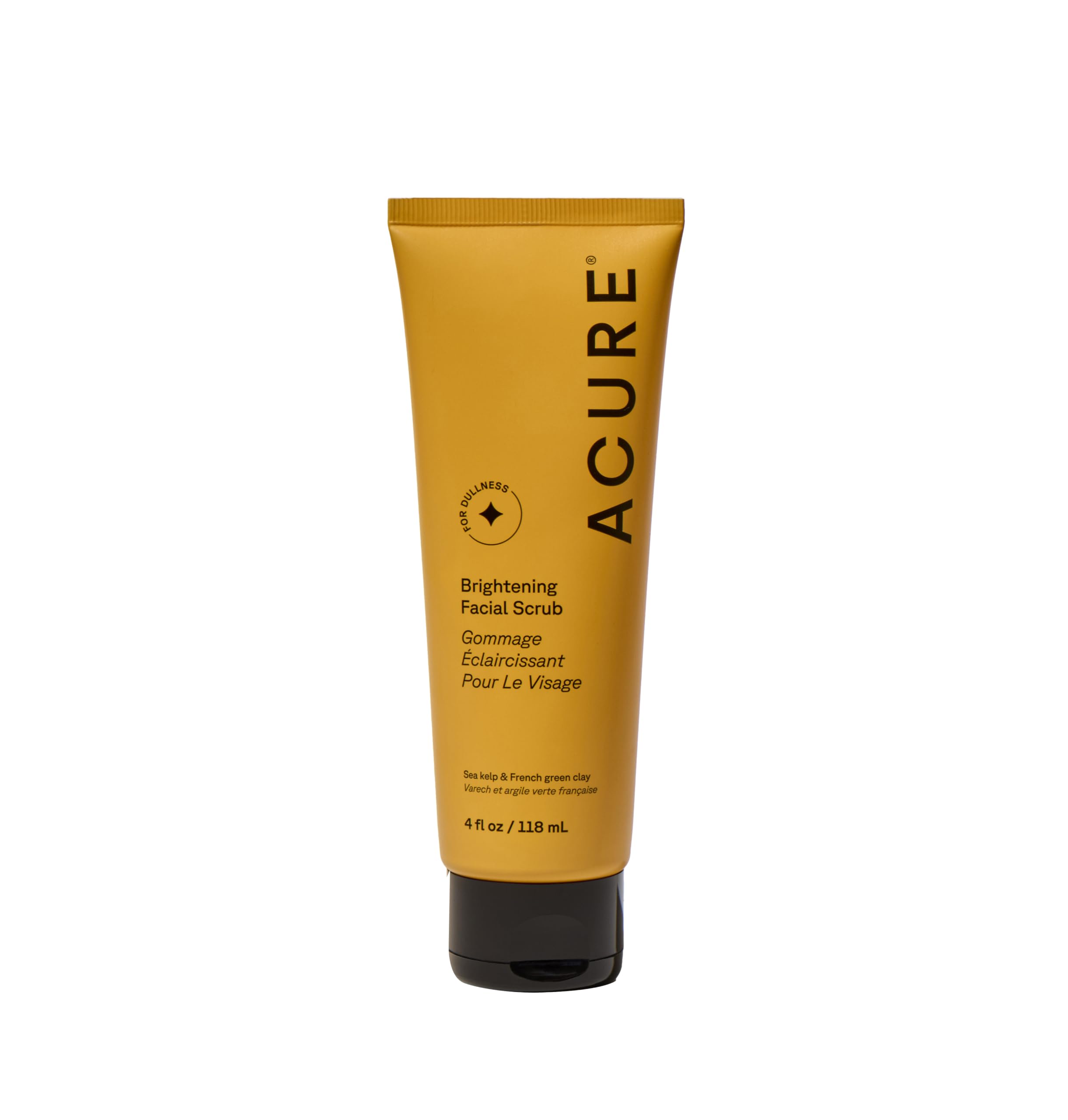 Acure brightening facial scrub in yellow squeeze tube with black cap for skincare