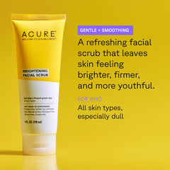 Acure brightening facial scrub in yellow and white tube for brighter, firmer, youthful skin